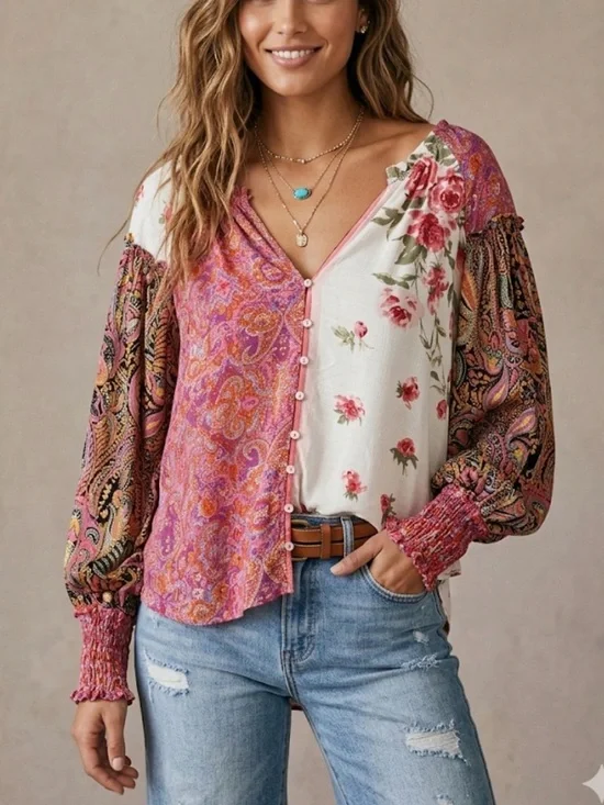 Free People Patchwork Paisley & Floral Button-Front Blouse - Pink Multi - Picture 1 of 12